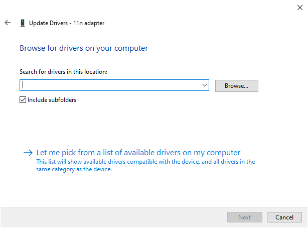 Browse for drivers on your computer | Search for drivers in this location: